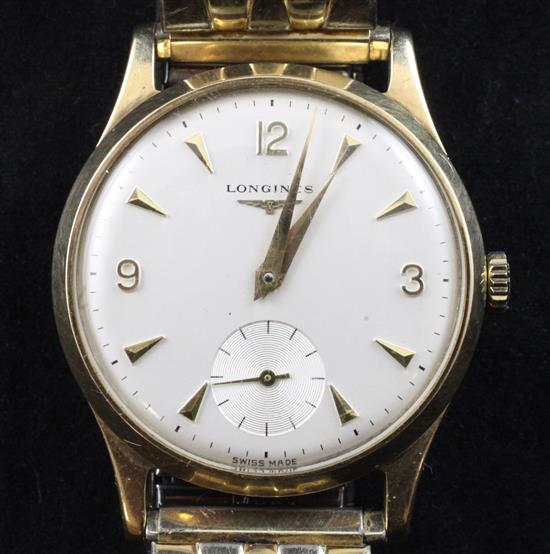 A gentlemans 9ct gold Longines manual wind wrist watch,